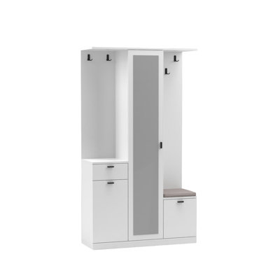 Hall Tree with Mirror, Bench, Hooks and Shoe Storage, White