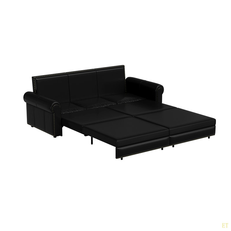 Canapé Chesterfield, canapé-lit gigogne de 93,7 po, canapé-lit convertible 3 en 1 en similicuir avec garniture cloutée et accoudoirs roulés, canapé-lit multifonctionnel