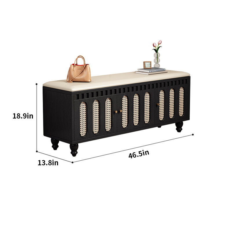 Solid Wood Shoe Storage Bench with Seat Cushion, Black