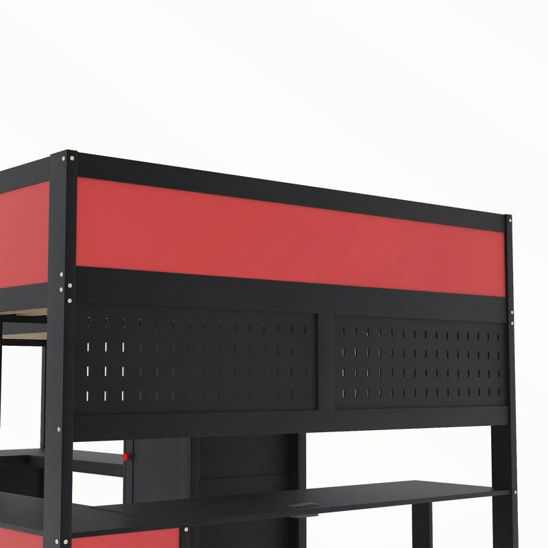 Lit mezzanine de jeu en forme de L avec lumières DEL multicolores et ports USB, Noir et rouge