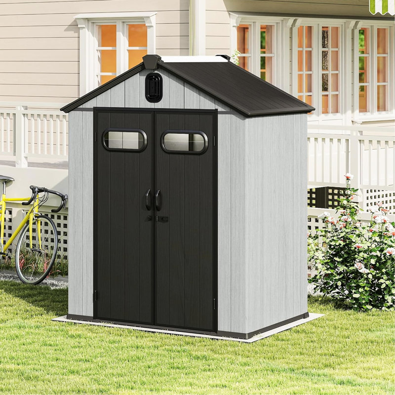 5x3ft Gray Outdoor Resin Tool Storage Shed With Transparent Windows, Louvered Vents, Double Lockable Doors, And Roof - Ideal For Of Patio Lawn Gear Backyard, Patio, Spacious Garden Tools, Furniture,