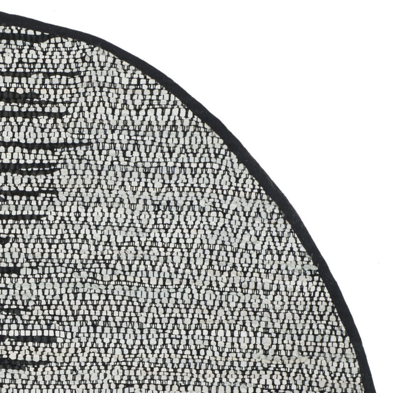 Exley Vintage Leather Hand Woven Leather/Cotton Geometric Rug in Light Gray/Black, Round 4'