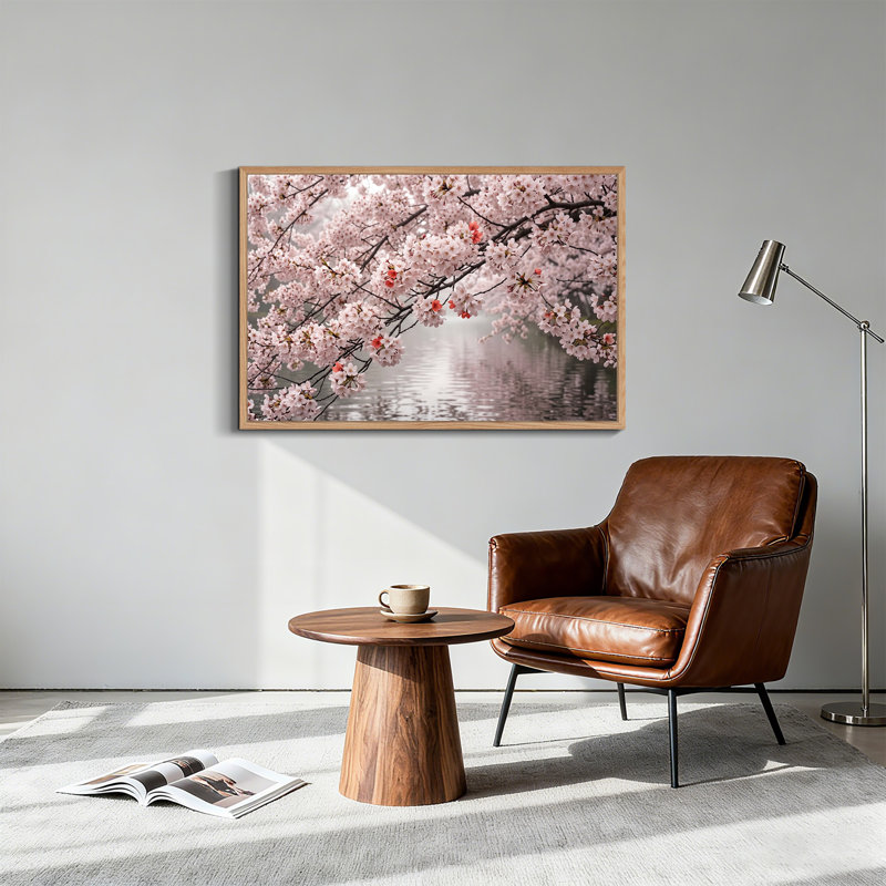 Art mural sur toile de fleurs de cerisier rose sur un lac, H 24 po x l 36 po
