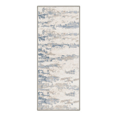Machine Washable Abstract Ivory / Blue Hallway Runner With Non-Slip Backing