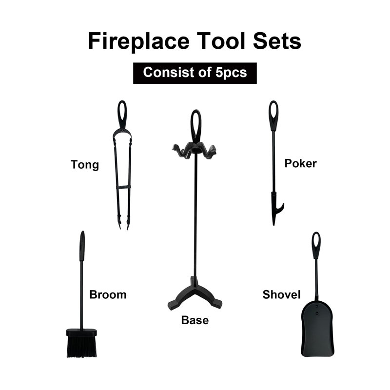Leonie Steel Fireplace Tool Set, 64cm H x 15cm W x 16cm D, Matte Black