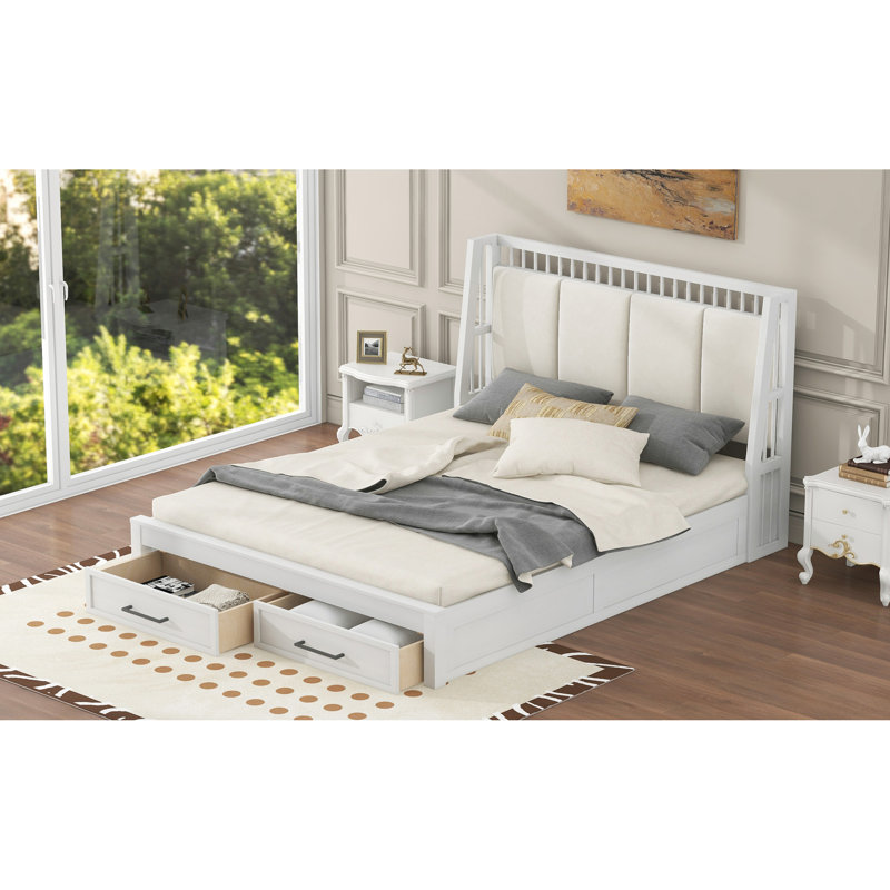 Bed With Upholstered Headboard And 2 Drawers, Queen, White