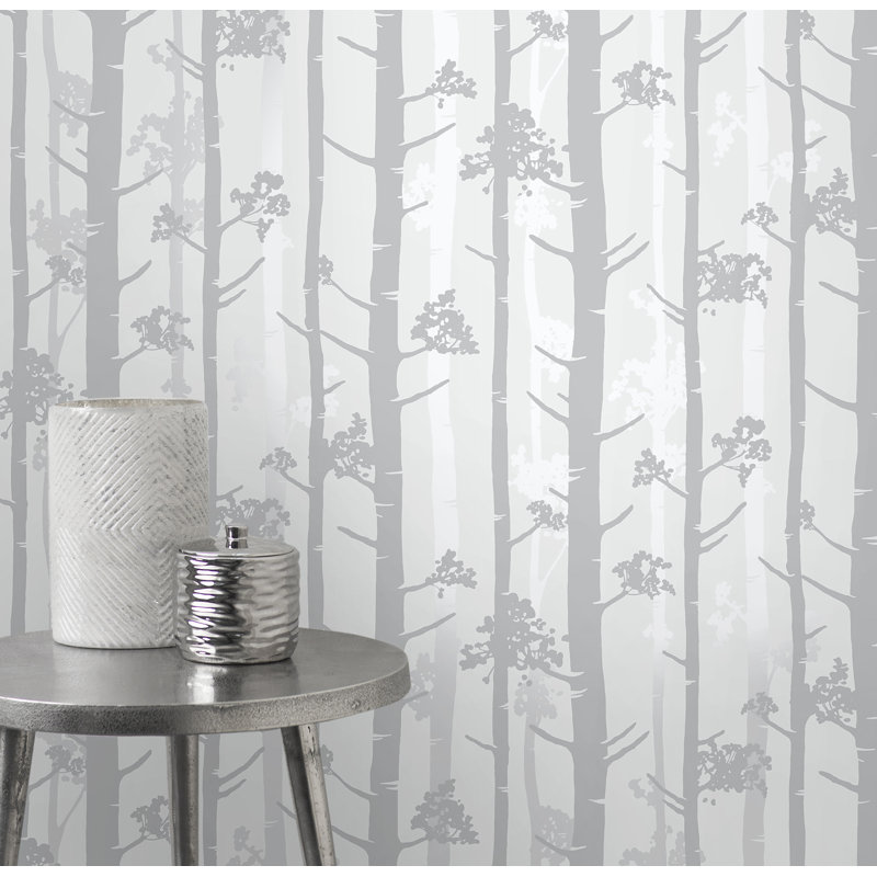 Fontenay Birch Tree 0.065m x 52cm Semi-Gloss Wallpaper Roll, Grey