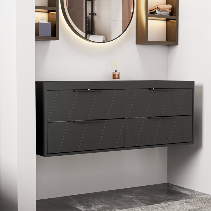Base de meuble-lavabo à double cuve 48 po seulement, robinet et miroir non inclus, Noir