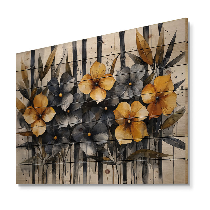Geometric Bambo Flowers Horizon - Bamboo Wood Print - On Natural Pine Wood, 34" H x 44" W x 0.78" D