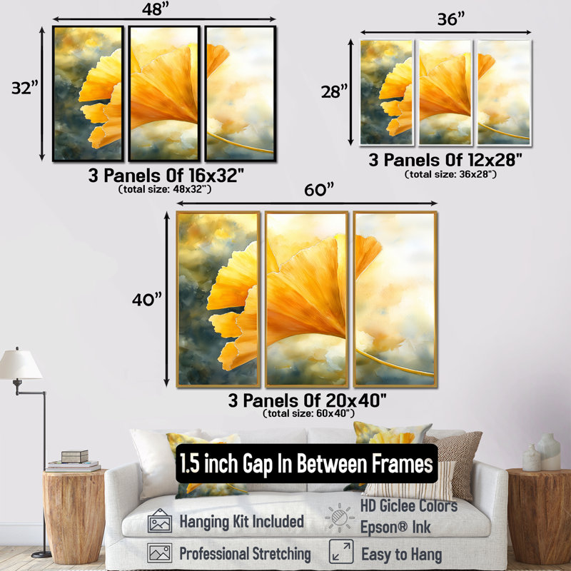Golden Ginkgo Leaf I - feuilles, art mural - 3 panneaux, H 28 po x l 36 po, Impression encadrée sans passe-partout, Brun
