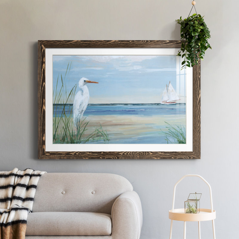 Summer Heron - peinture encadrée, H 31 po x l 44 po x P 1 po, Encadré de bois de noyer