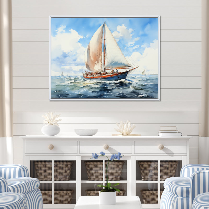 Voilier dans le vent II sur toile, Cadre photo noir, H 16 po x l 32 po
