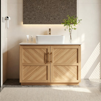 Meuble-lavabo autoportant de 36 pouces avec armoire en bois à chevrons, comptoir en pierre frittée brillante et vasque rectangulaire en céramique