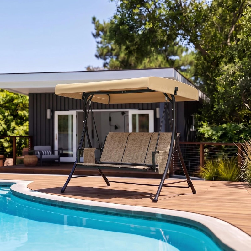  Balancelle de véranda avec auvent inclinable réglable à 3 places avec support et balancelle en acier Meatl, Beige