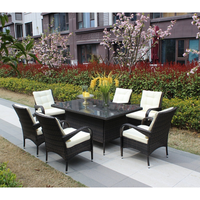 Ensemble de salle à manger rectangulaire 7 pièces pour patio avec 6 chaises (coussin brun et beige)