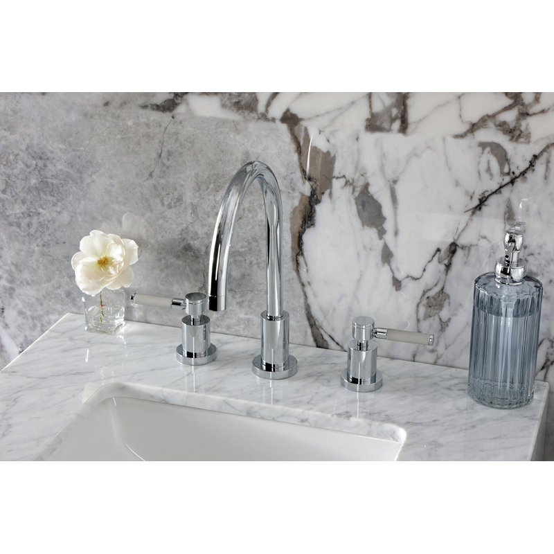 Kingston Brass Kaiser Two-Handle 3-Hole Deck Mount Widespread Bathroom Faucet with Brass Pop-Up Drain, Polished Chrome