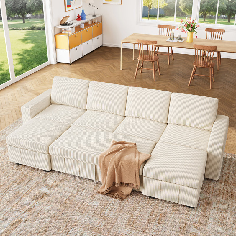 Abramson U Shaped Sleeper Sectional Sofa Bed With Storage Space, Beige Corduroy