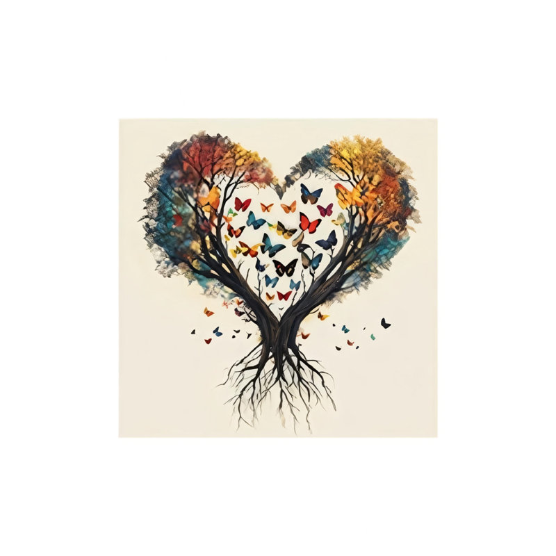 Beautiful Butterfly Heart Tree Unframed Canvas Wall Art 16" X 16"