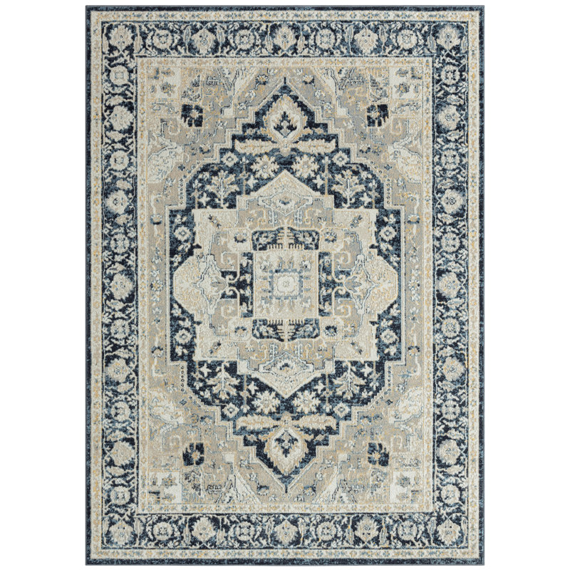 Amaresh Oriental Machine Washable Ivory/Charcoal Area Rug, Rectangle 6'6" x 9'2"