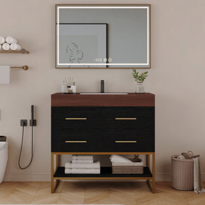 Meuble-lavabo en pierre artificielle avec lavabo en céramique, meuble-lavabo moderne avec tiroirs à fermeture en douceur et tablettes ouvertes, meuble-lavabo autoportant avec pieds en acier inoxydable et grand espace