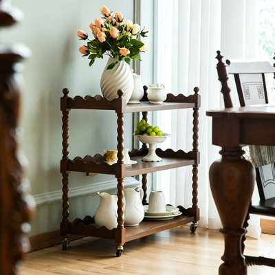 29.72" Brown Three‑Tier Scalloped Edge Storage Cart with Swivel Casters for Mobile Use