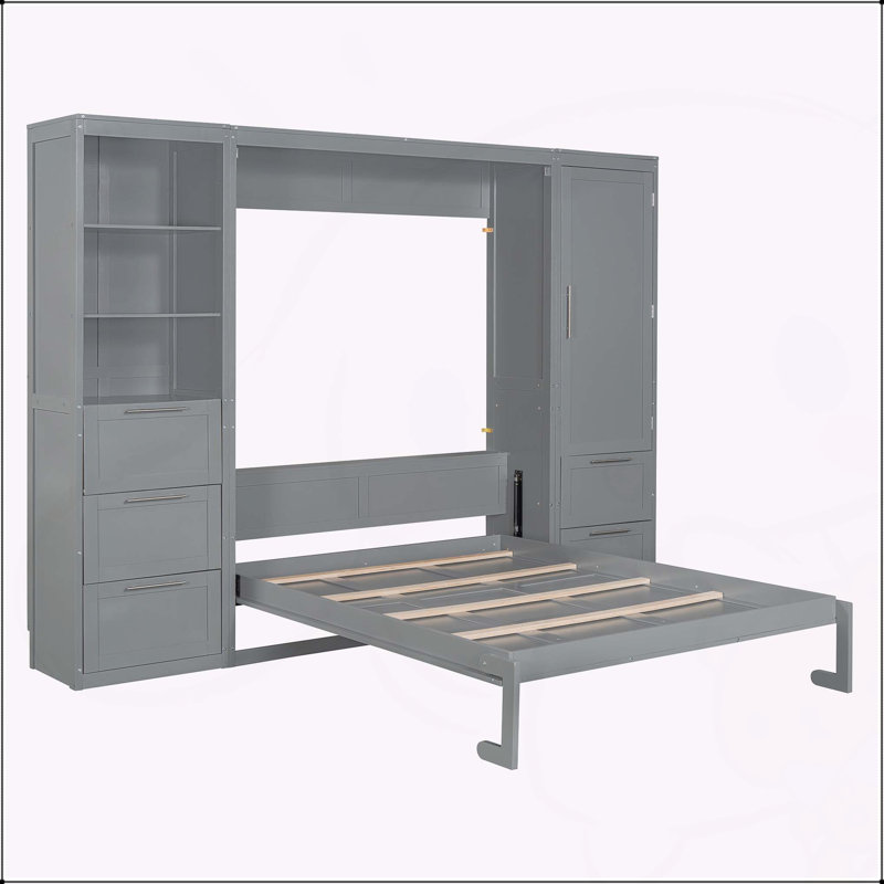 Grand lit escamotable mural avec placard, gris