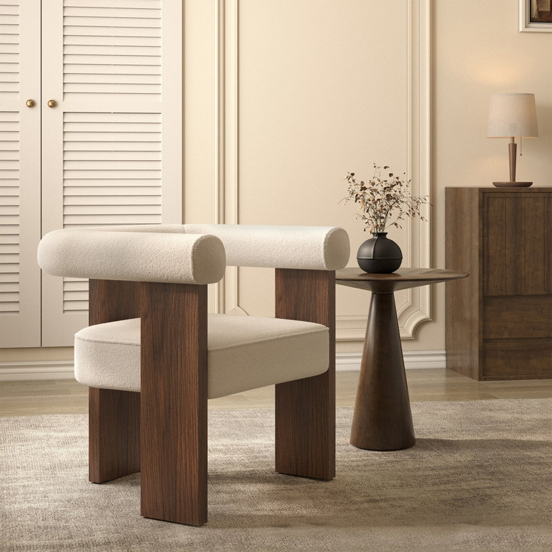 Blediom 27"W Upholstered Armchair with Cream Boucle, Brown Wood