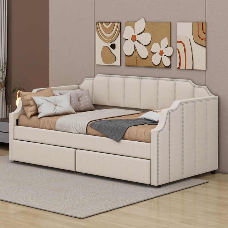 Lit de jour simple tapissier avec tiroirs, Beige