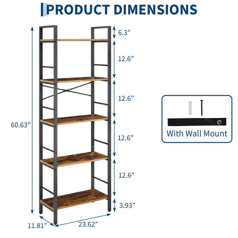 Bibliothèque industrielle cintrée à 5 niveaux de 170 cm – Haute bibliothèque en métal et bois avec traverses latérales – Meuble de rangement rustique autoportant pour bureau, salon, chambre à coucher