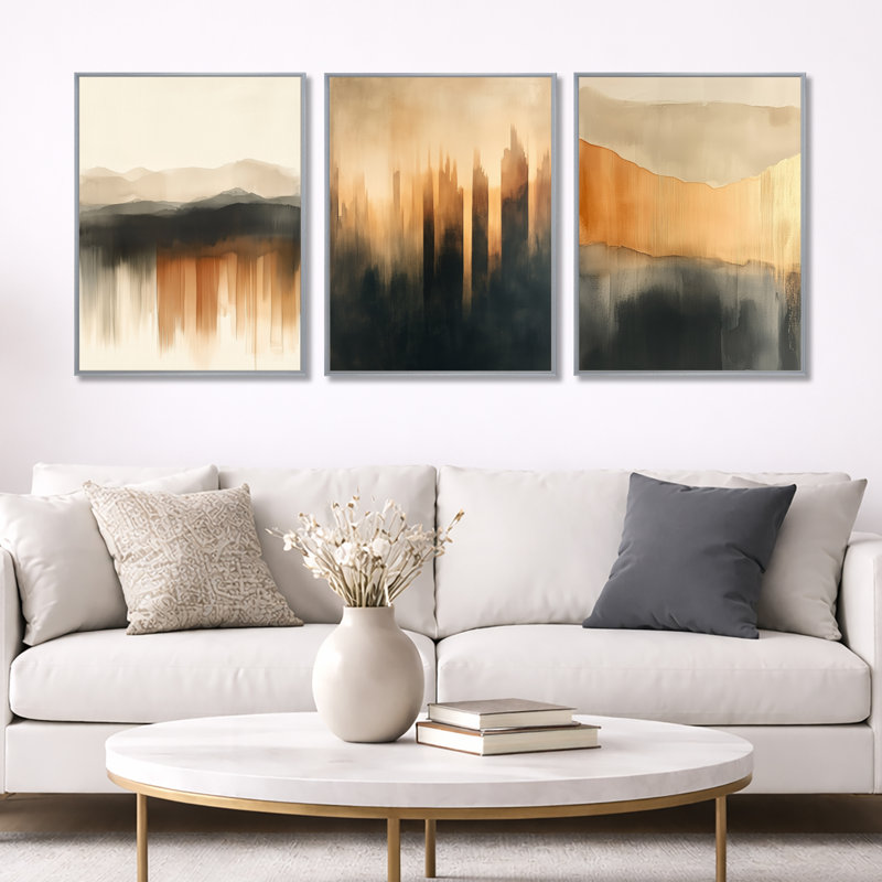 «Beige Soft Modern Shapes», ensemble d'art mural abstrait sur toile, ensemble de 3, 32" H x 72" W, Silver Floater Framed