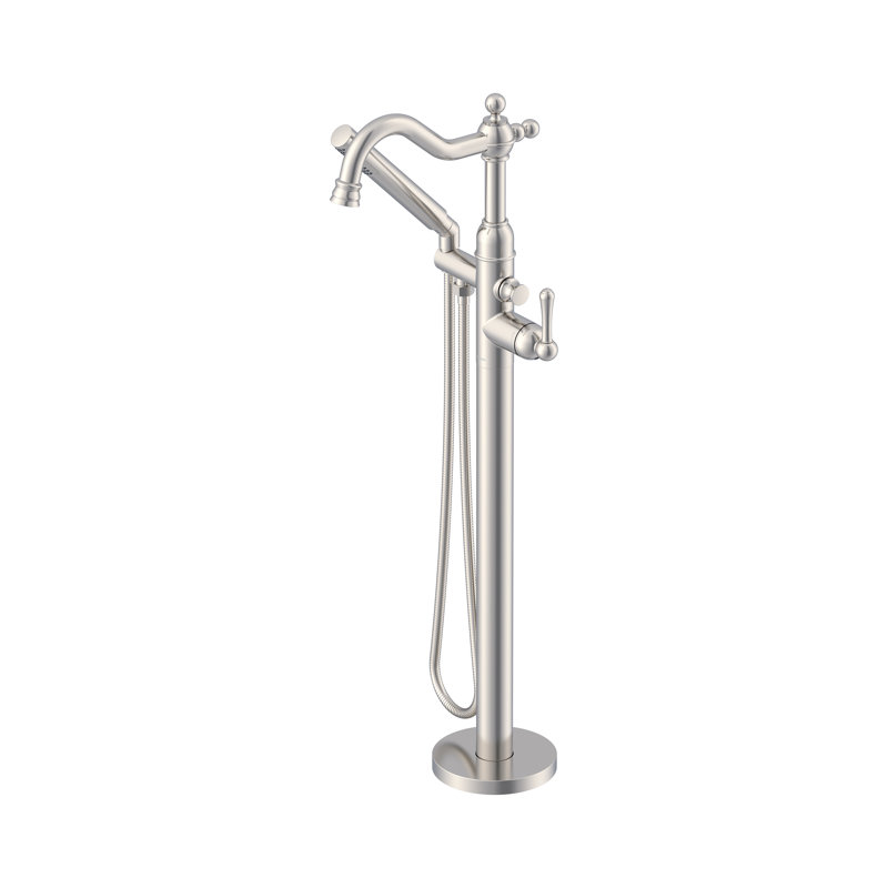 Traditional 1-Handle Freestanding Floor Mount Tub Filler Trim Kit with 1.75 GPM Showerstick Hand Shower, Brushed Nickel