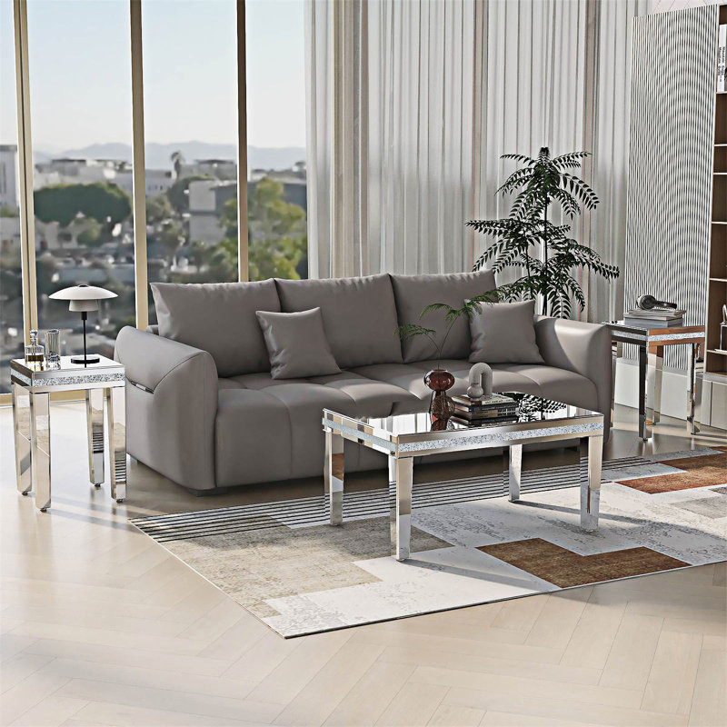 Ensemble de 3 tables basses en verre et miroir