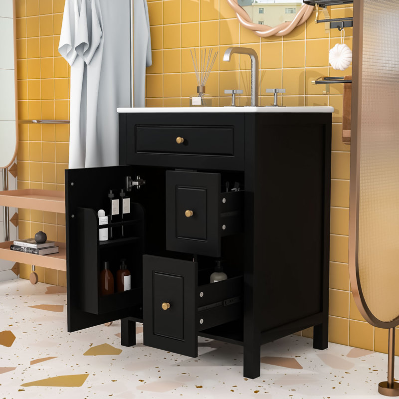 Compact Bathroom Vanity with Overflow Protection, Ample Storage, Black