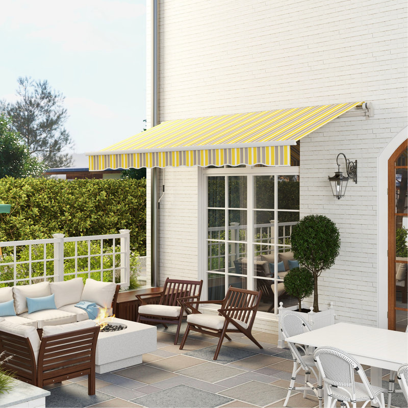 Retractable Awning 12' X 10'. Sun Shade For Patio With Crank. & Water- Fabric, Aluminum. Deck Balcony Yard. Yellow Gray 10' Awning. Manual Fabric. Aluminum Frame. Balcony, Patio, Canopy