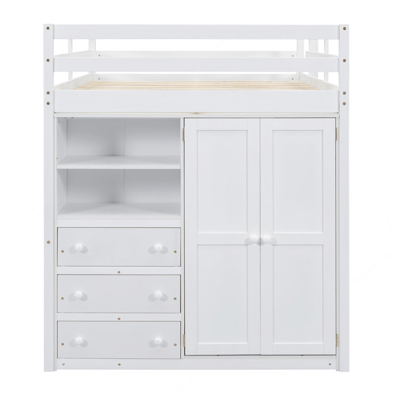 Lit mezzanine double en bois avec garde-robe intégrée, bureau, tablettes et tiroirs, blanc