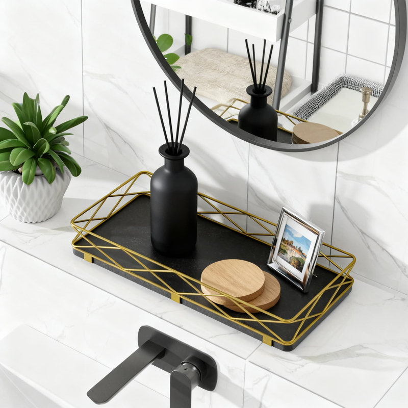 Bathroom Countertop Organizer Tray, Toilet Tank Storage Basket With Diamond Design For Toilet Paper, Soap Dispenser And Bathroom Essentials