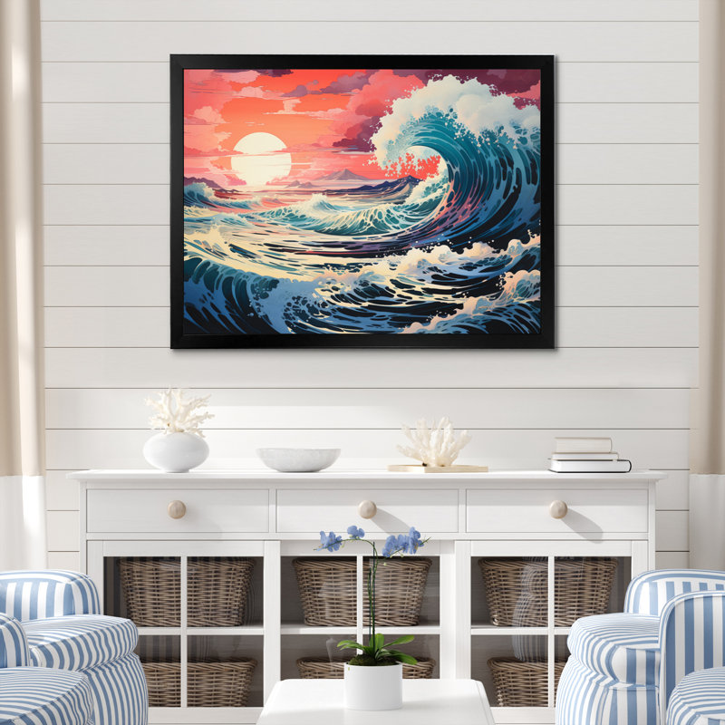 Dramatic Ocean Waves II - art mural toile côtière, H 16 po x l 32 po x P 1 po, Cadre photo noir