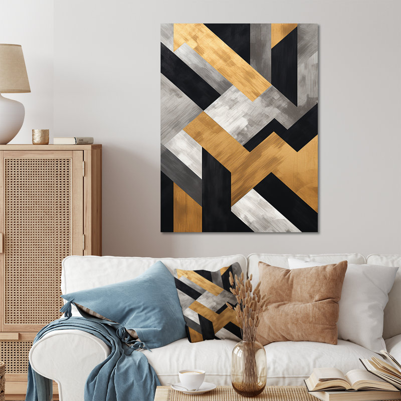 Carreaux géométriques noirs et dorés 5 - art mural géométrique en métal, H 32 po x l 24 po x P 1 po
