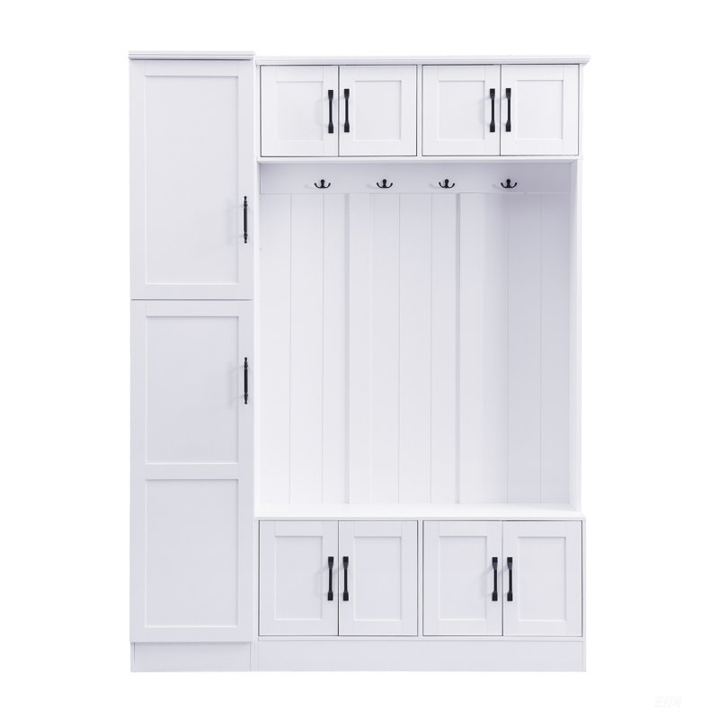 79'' Tall Modern Hall Tree With Shoe Storage, 4-In-1 Entryway Bench, 6 Cabinets, 4 Coat Hooks & Adjustable Shelf For Hallway, Living Room, White