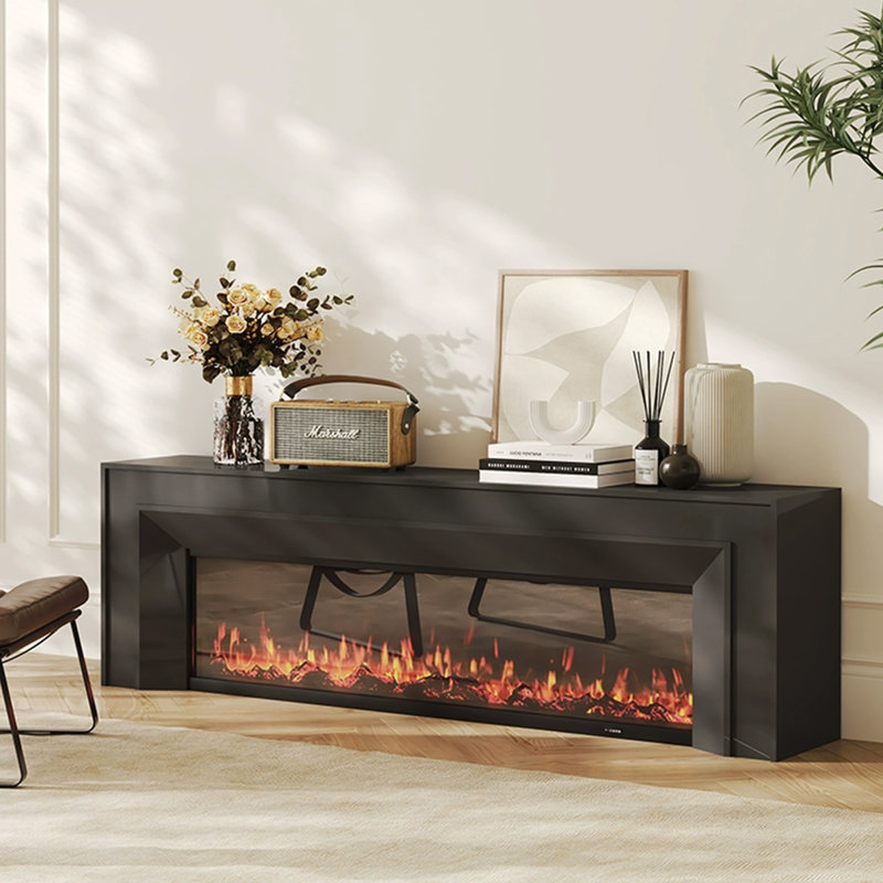 Foyer en bois massif noir avec meuble télé, H 23,62 po x l 70,87 po x P 12,6 po, Noir
