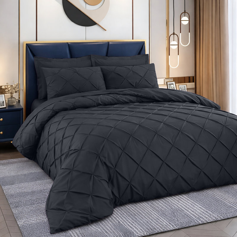 Luxurious Microfiber Pintuck Duvet Cover Set – Soft, Breathable & Wrinkle-Resistant Bedding for All-Season Comfort, Black