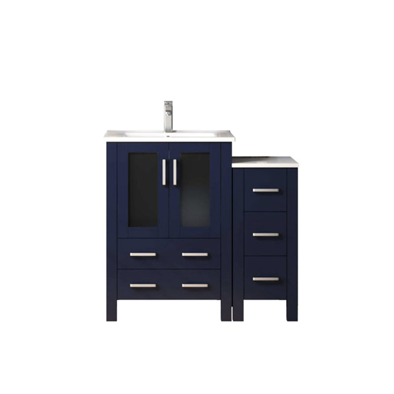 36 po Meuble-lavabo simple bleu marine avec cinq tiroirs, robinet et surface à gratter bleu, plateau en céramique