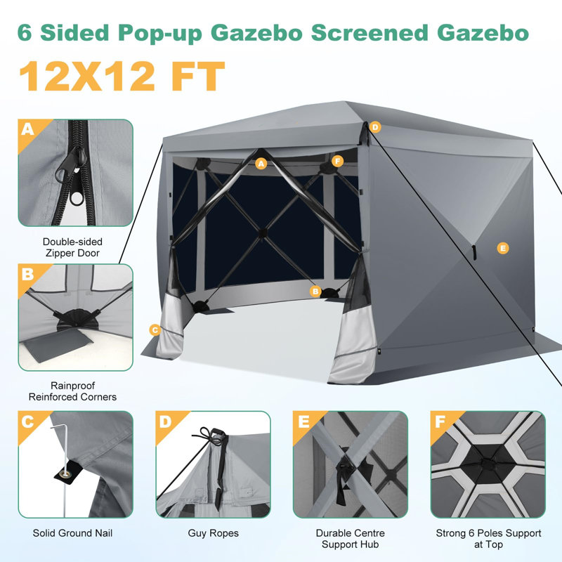 12x12 Pop Up Canopy Gazebo, Outdoor Canopy Tent Screen House with 6 sidewalls and Netting for Camping, Waterproof, UV Resistant, Ez Set-up Party Tent with Carrying Bag and Ground Stakes