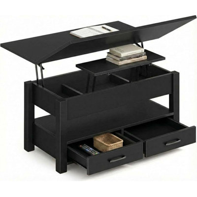 Table basse convertible à plateau relevable - mécanisme à gaz fendu de 40 po, table centrale en bois avec 2 tiroirs de rangement et compartiment caché