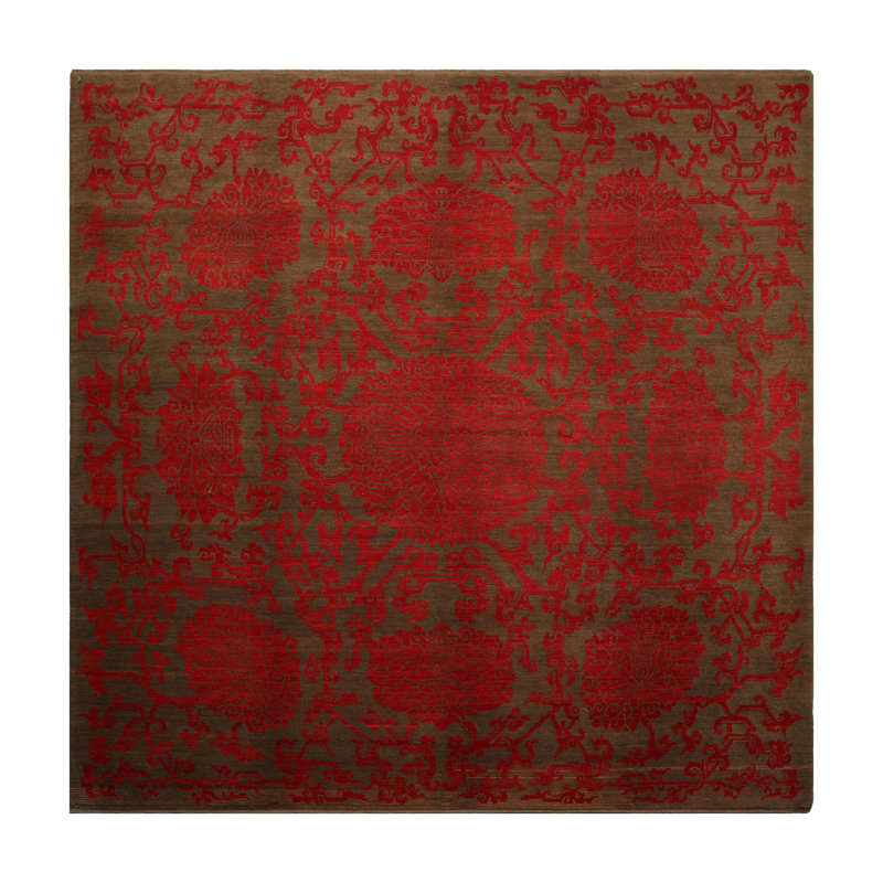 9'x9'  Square Brown Hand Knotted Floral Transitional Tibetan Wool Area Rug