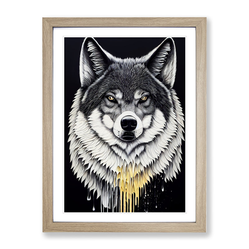 Splashed Wolf No.1 - Wall Art, 34cm H x 25cm W x 2cm D, Oak Framed