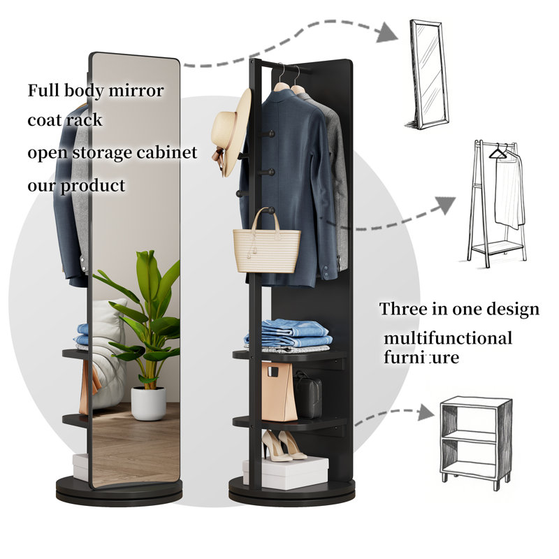360° Rotating Solid Wood Full-Length Mirror with Coat Rack & Storage Shelves, 66" Freestanding Floor Mirror with Hooks for Bedroom, Living Room, Cloakroom