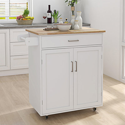 Îlot de cuisine avec chariot à roulettes avec tablettes réglables et plateau à serviettes en bois d'hévéa (sans tabouret inclus)