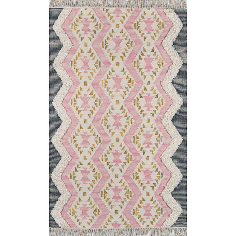 Handmade Pink Geometric Wool Area Rug with Fringe