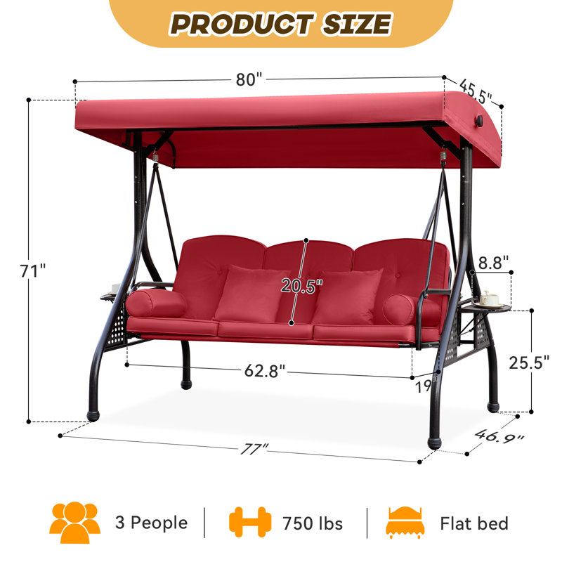 Balancelle de patio à 3 places avec auvent ajustable Arlmont & Co., Rouge